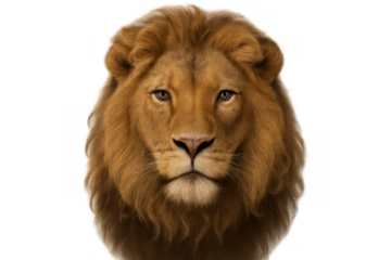 Lion head with golden mane looking forward, power, strength, and leadership concept on transparent background