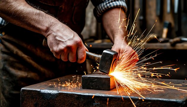 Blacksmith working with a hammer shaping hot metal on an anvil creating a shower of fiery sparks, demonstrating skill and craftsmanship