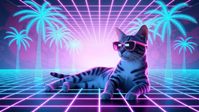 Cool cat in sunglasses with neon palm trees, retro futuristic vaporwave style