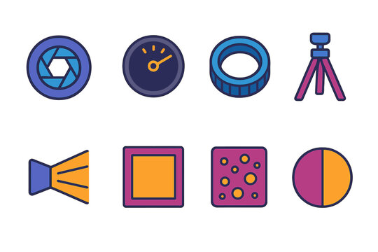 Photography Icon Set. Art of Exposure modern flat icons set: aperture ring, shutter speed dial, focus ring, tripod, light beam, frame, grain, contrast icon.