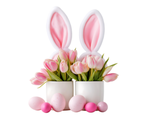 Pink Easter Setup with Bunny Ears, Tulips, and Decorative Eggs isolated on transparent background