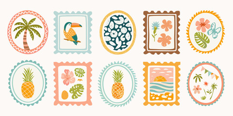 Collection of tropical themed decorative stamps featuring palm trees toucans pineapples flowers and beach scenes