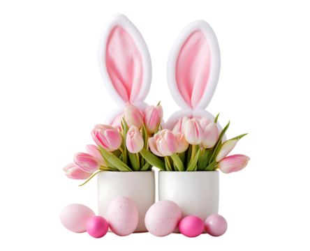 Pink Easter Setup with Bunny Ears, Tulips, and Decorative Eggs isolated on transparent background