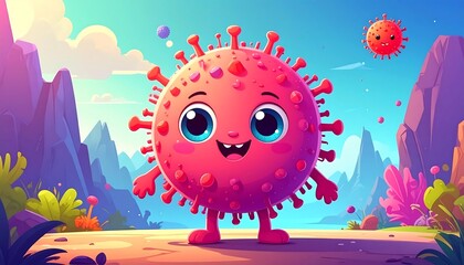 Whimsical cartoon depiction of a smiling, anthropomorphic virus character with spike-like protrusions, set against a bright, colorful landscape