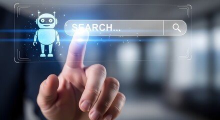 A finger pressing a search button on a futuristic interface with a chatbot icon, symbolizing online search and ai assistance