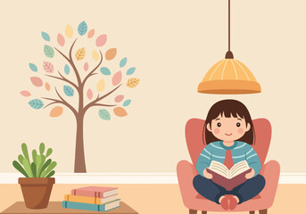 Illustration of a young girl reading a book in an armchair, with a tree decal and books nearby.