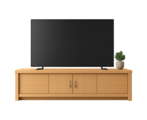 Modern Flat Screen TV on Wooden Entertainment Stand isolated on transparent background