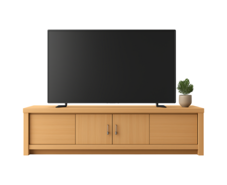 Modern Flat Screen TV on Wooden Entertainment Stand isolated on transparent background