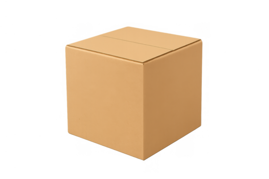 Cardboard delivery box, closed and sealed, for shipping or receiving products. Packaging concept with transparent background