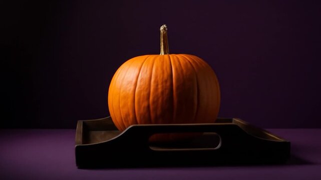 Orange pumpkin on a wooden tray against a dark purple background (1)