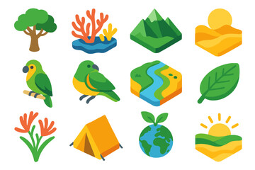 Obraz premium Australia Day Icons. Australia Day – Nature & Land modern flat icons set: eucalyptus tree, coral reef, mountain range, desert sun, native bird, river, outback trail, green leaf,