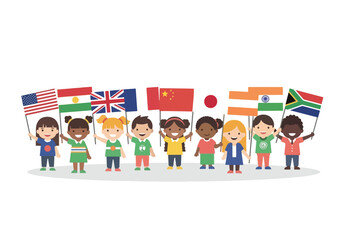 Diverse group of children holding flags, representing different nations and unity.