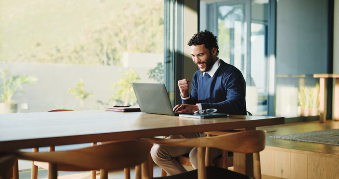 Happy, businessman and accountant winning with laptop, fist pump or good news for promotion. Excited, man or smile with celebration, computer or success for bonus or salary increase in workplace