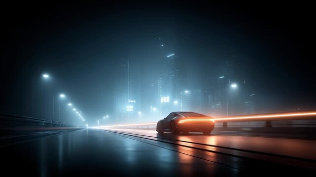 Car speeding on highway at night in future city