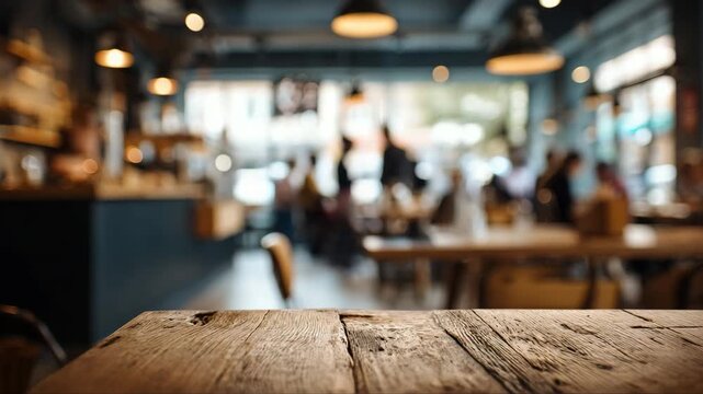 Interior view of a modern cafe with blurred patrons and a rustic wooden table in the foreground