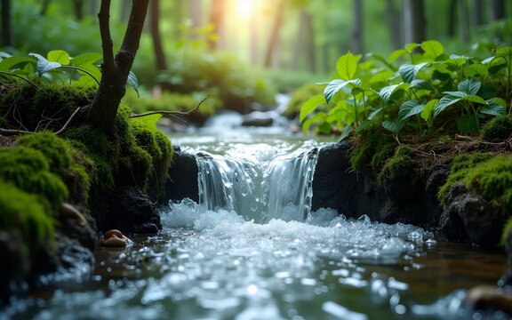 A forest stream where microplastics are visibly trapped by natural barriers and funneled into a recycling process, symbolizing the integration of recycling in ecosystem protection. High quality