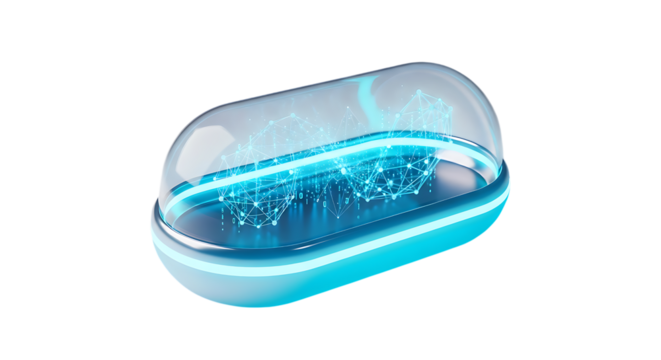 Modern data capsule with digital network inside, symbolizing secure technology, futuristic medicine and advanced data analysis, offering innovation and breakthroughs in science