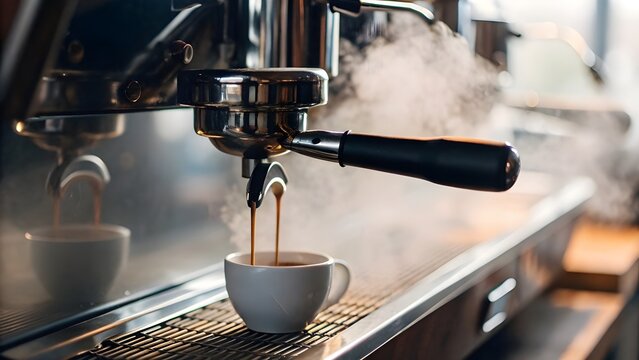 Espresso Machine Brewing Coffee With Steam Rising, Close-Up Detail Showcasing Aromatic Freshness, Rich Café Culture, Barista Craftsmanship, And The Allure Of Perfect Morning Energy
