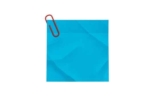 Blue sticky note with a red paper clip isolated on transparent background