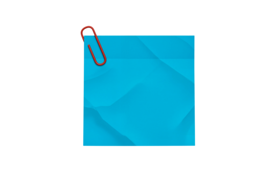 Blue sticky note with a red paper clip isolated on transparent background - Powered by Adobe