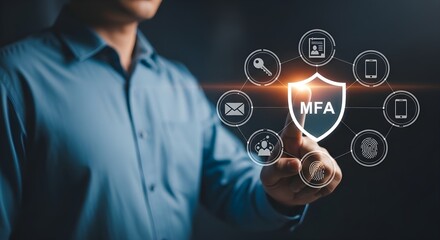 Man touching a glowing shield with mfa text and icons representing multifactor authentication and security