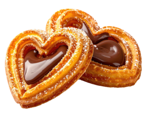Heart-shaped pastries filled with chocolate, dusted in sugar