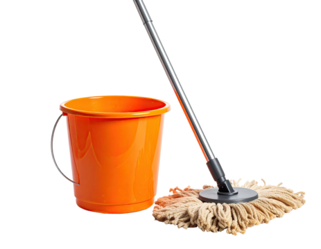 Orange bucket with a mop stands against a plain black backdrop