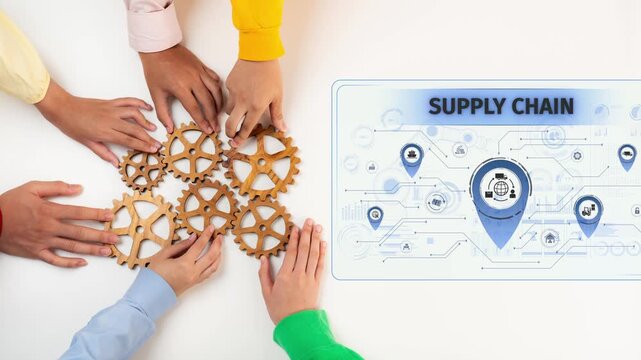 Hands working together to arrange gears illustrate teamwork and efficiency in supply chain management, enhanced by a digital interface display showing modern logistics concepts. Raster - Powered by Adobe