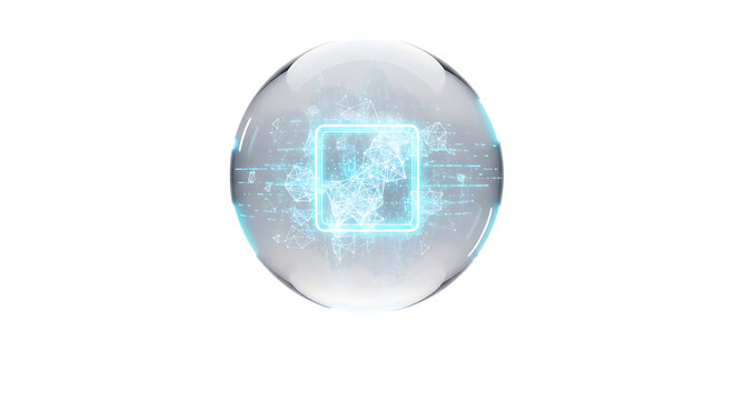 Futuristic technology glows inside a crystal ball, hinting at AI integration and quantum computing breakthroughs, making it perfect for tech startups and innovative digital ventures