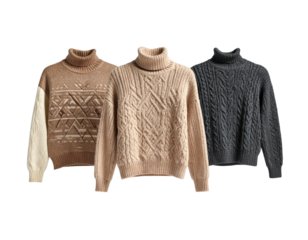 Three cozy, textured turtleneck sweaters displayed