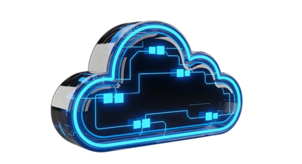 Sleek cloud computing design with glowing blue network connections, a modern technology concept for data storage, digital transformation, and future innovation with a futuristic aesthetic