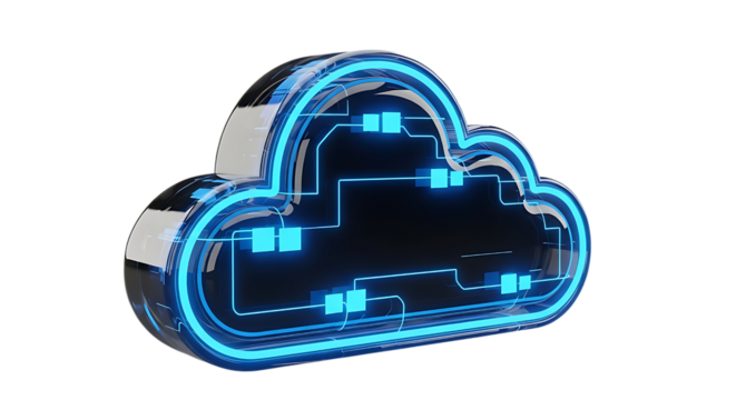 Sleek cloud computing design with glowing blue network connections, a modern technology concept for data storage, digital transformation, and future innovation with a futuristic aesthetic
