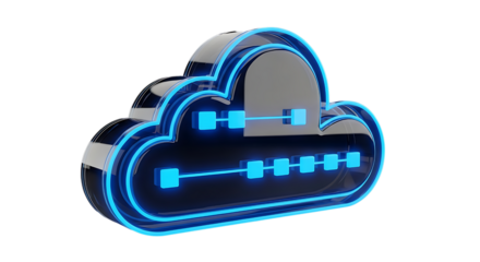 Modern cloud computing network with neon blue connections is perfect for illustrating digital transformation, cloud storage solutions, and futuristic technologies for business innovations
