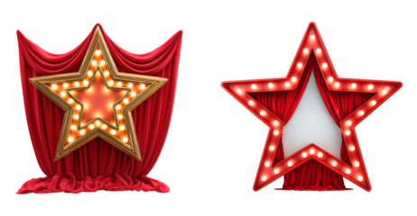 Golden Marquee Star with Glowing Bulbs Framed by Luxurious Red Velvet Curtains isolated on transparent background
