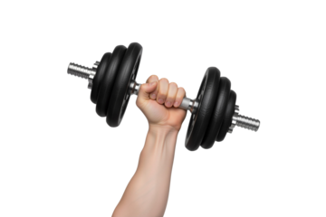 Strong hand gripping a black adjustable dumbbell, isolated on transparent background