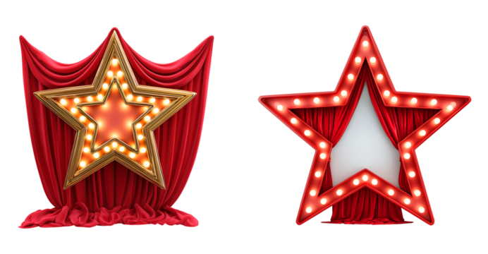 Golden Marquee Star with Glowing Bulbs Framed by Luxurious Red Velvet Curtains isolated on transparent background