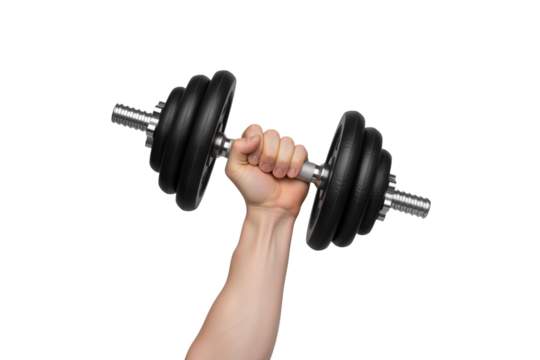 Strong hand gripping a black adjustable dumbbell, isolated on transparent background