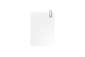 Blank white paper with a red paperclip isolated on transparent background, ideal for notes, office documents, or placeholder text