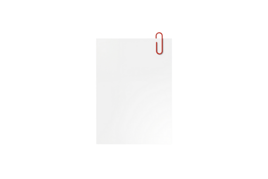 Blank white paper with a red paperclip isolated on transparent background, ideal for notes, office documents, or placeholder text