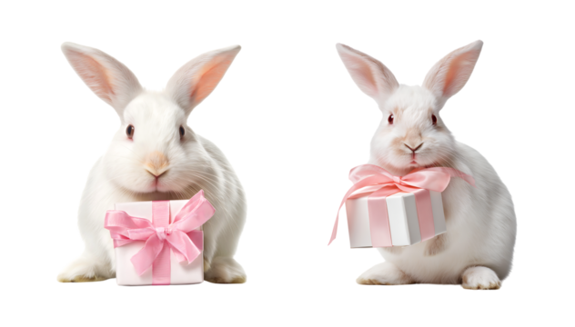 Two Cute White Rabbit Holding a Pink Ribbon Gift Box isolated on transparent background