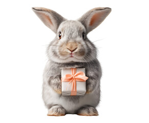 Obraz premium Cute Gray Rabbit Holding a Gift Box isolated on transparent background