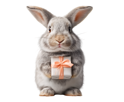 Cute Gray Rabbit Holding a Gift Box isolated on transparent background - Powered by Adobe