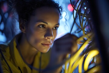 Woman technician connecting network cables in server room