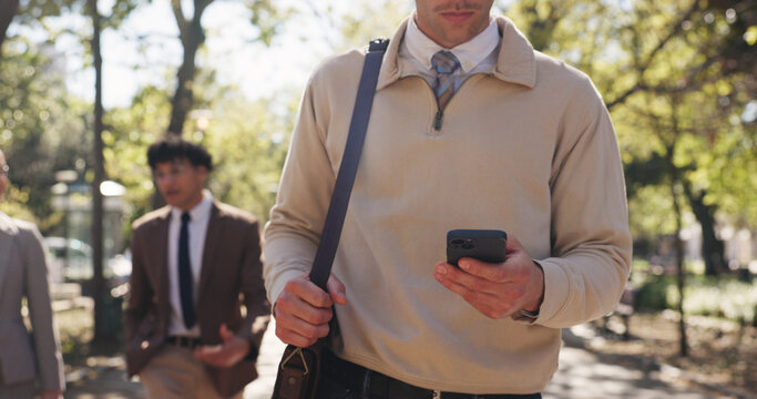 Phone, hands and business man in park for communication, social media and email search. Commute, networking app and connection with person and mobile outdoor for professional, contact and travel