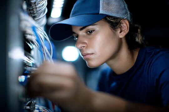 Woman technician connecting network cables in data center