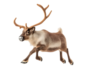 Running Reindeer Carrying a Festive Christmas Toy on Its Antlers isolated on transparent background