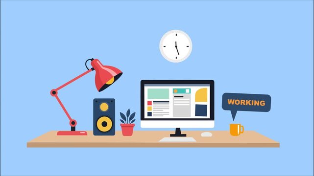 Modern flat design illustration of a home office workspace with a computer and desk accessories