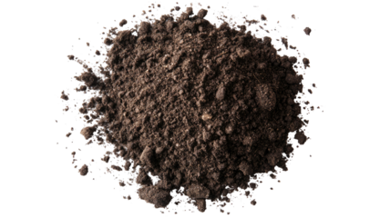 Pile of soil scattered with natural earthy texture showing small clumps and loose particles, isolated on white background