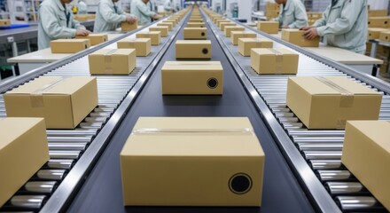 Cardboard box on conveyor belt in factory for shipping and distribution