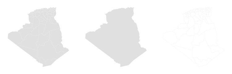 Obraz premium Algeria map collection three styles outline map, plain map, and detailed map with regions and borders. Ideal for infographics, geography project, education, and travel design use. Algeria map, vector.